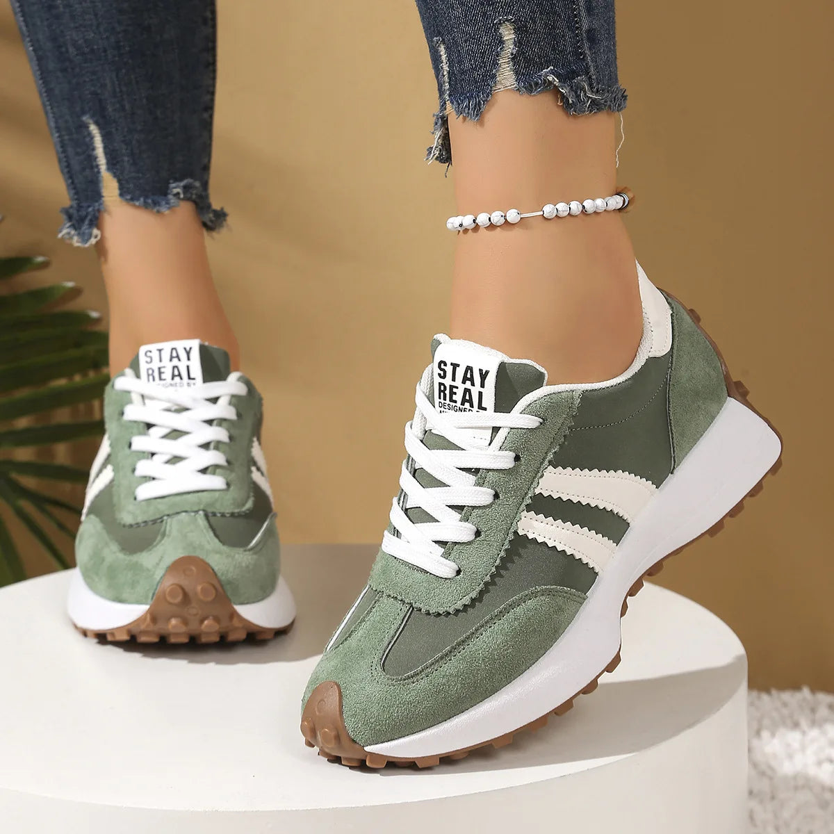 Multi Color Women Retro 3 Stripes Suede Lace Up Sneakers/Low Top Lightweight Breathable Walking Trainers Non Slip Comfortable Shoes