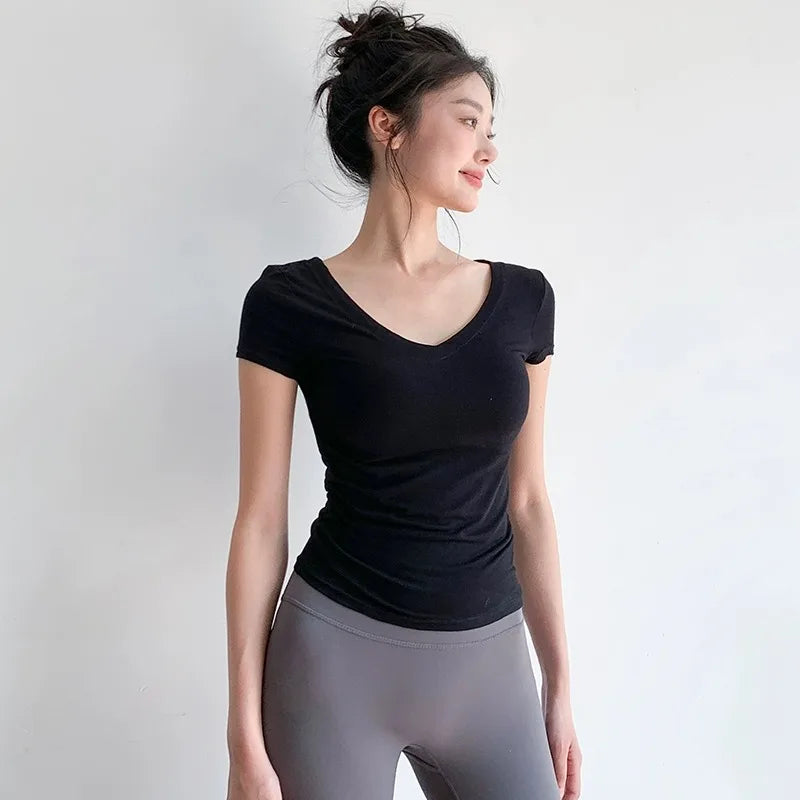 Yoga t-shirt top summer thin breathable waist tight and thin/inside solid color sports running fitness short sleeves