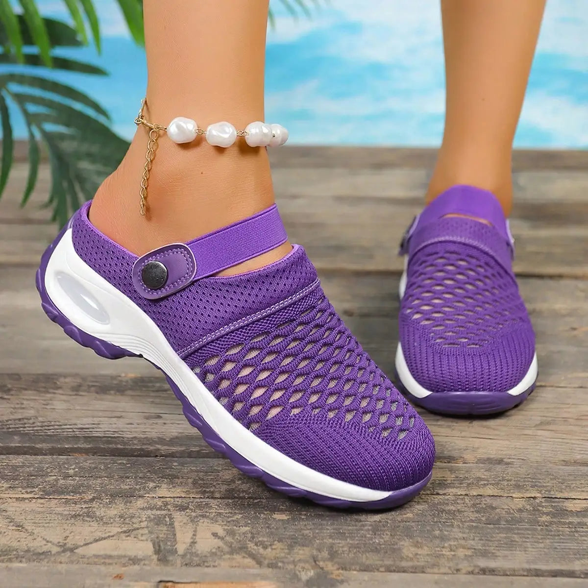 Women Breathable Mesh Platform Clog Sandals Air Cushion Non-Slip/Thick Sole Open Back Adjustable Back Strap Slip On Walking Shoes