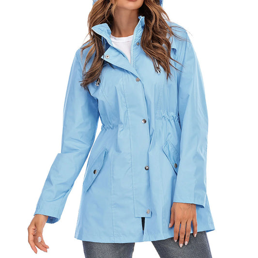 Women's Casual Lightweight Raincoat/Solid Color Long Hooded Outdoor Windbreaker