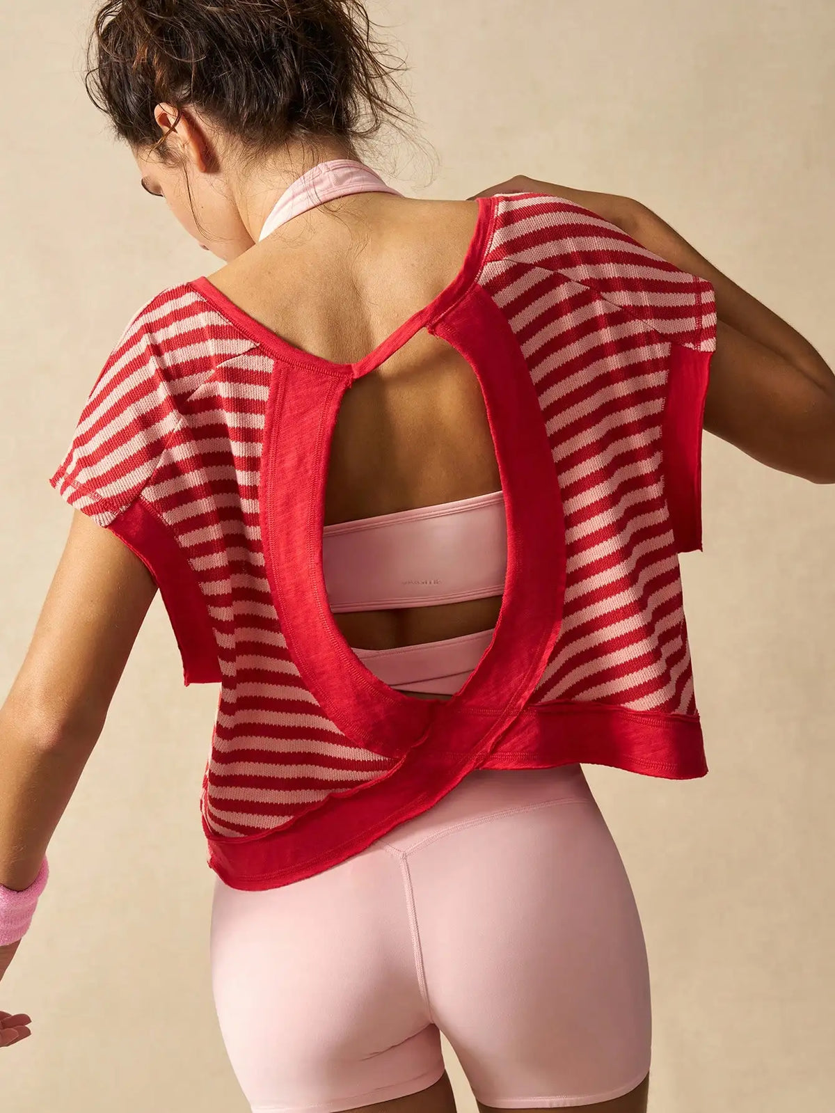 Women Striped Open Back Workout/Top Gym Crop Top Summer Active Wear Shirts