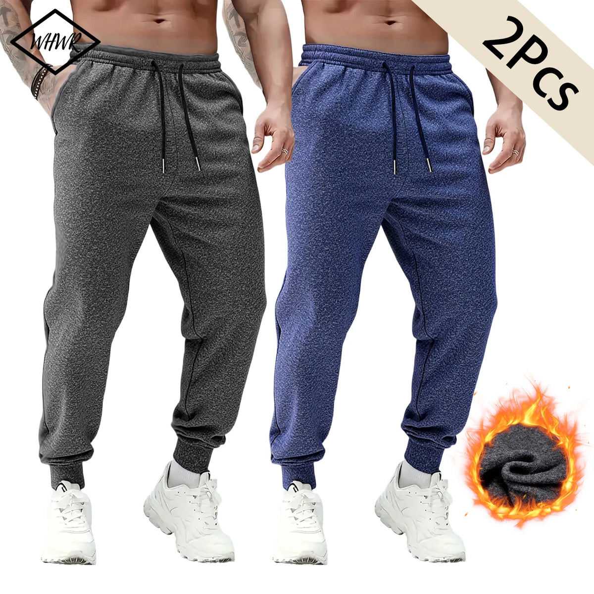 2Pcs In Set Men Fleece Lined Jogger Sweatpants Thick Warm Elastic Waist/Drawstring Tapered Pants Casual Athletic Winter Wear