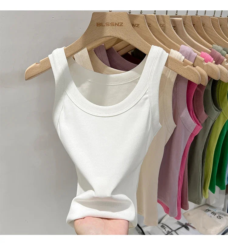zjaiss Women Solid Round Neck Ribbed Tank Top Camisole Women/Summer Basic Elastic Tank Top O Neck Solid Tank Top