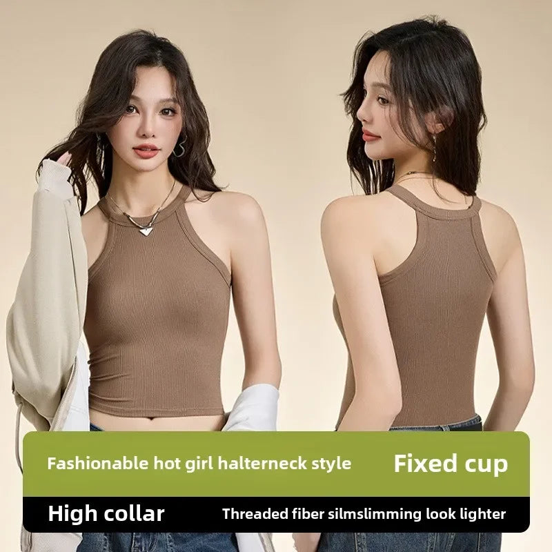 Threaded Halter Neck Camisole Top With Build-in Bra High Elastic/Slim-fitting Sling Fixed Cup Breathable Women Tank top
