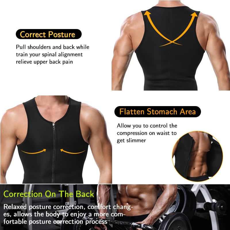 Men Waist Trainer Vest for Weight Loss Neoprene Fitness Corset Body Shaper/Zip Sauna Tank Top Workout Shirt Sauna Suit