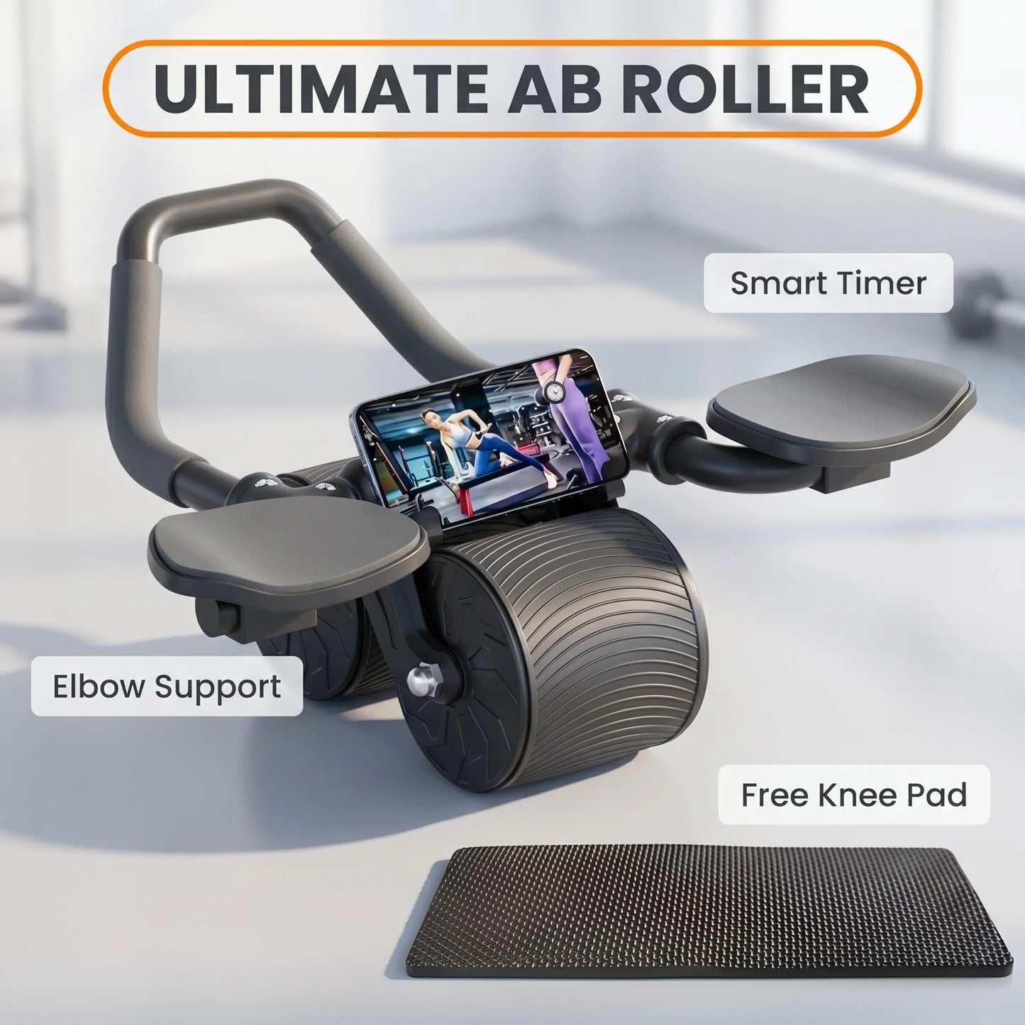 3 IN 1 Core Workout Ab Roller With Knee Pad/Phone Holder Timer Home Fitness Black