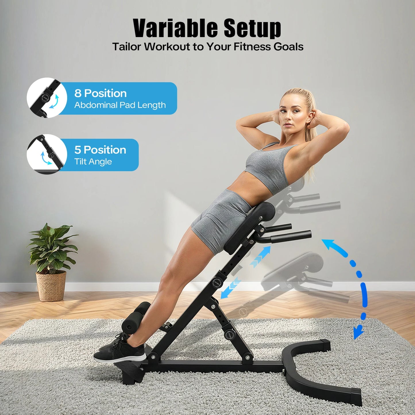 Back Extension Roman Chair Steel Frame Foldable Hyperextension Bench/5 Incline Angles 8 Adjustable Abdominal Pad Length