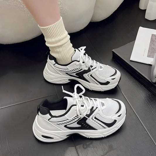 Women's Retro Sneakers White & Beige/Color block Comfort Platform Trainers