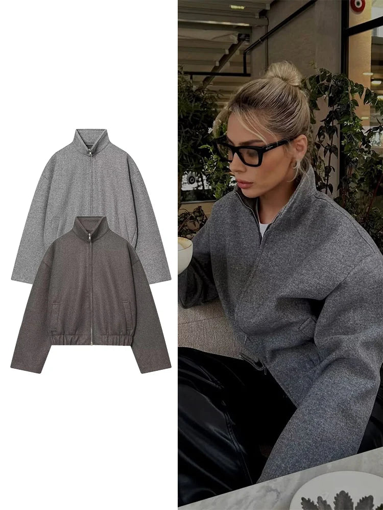 Women's Loose Stand Collar Jacket Coats Long Sleeve Zip Up Pockets/Streetwear Autumn New  Lady Casual Solid Outerwear