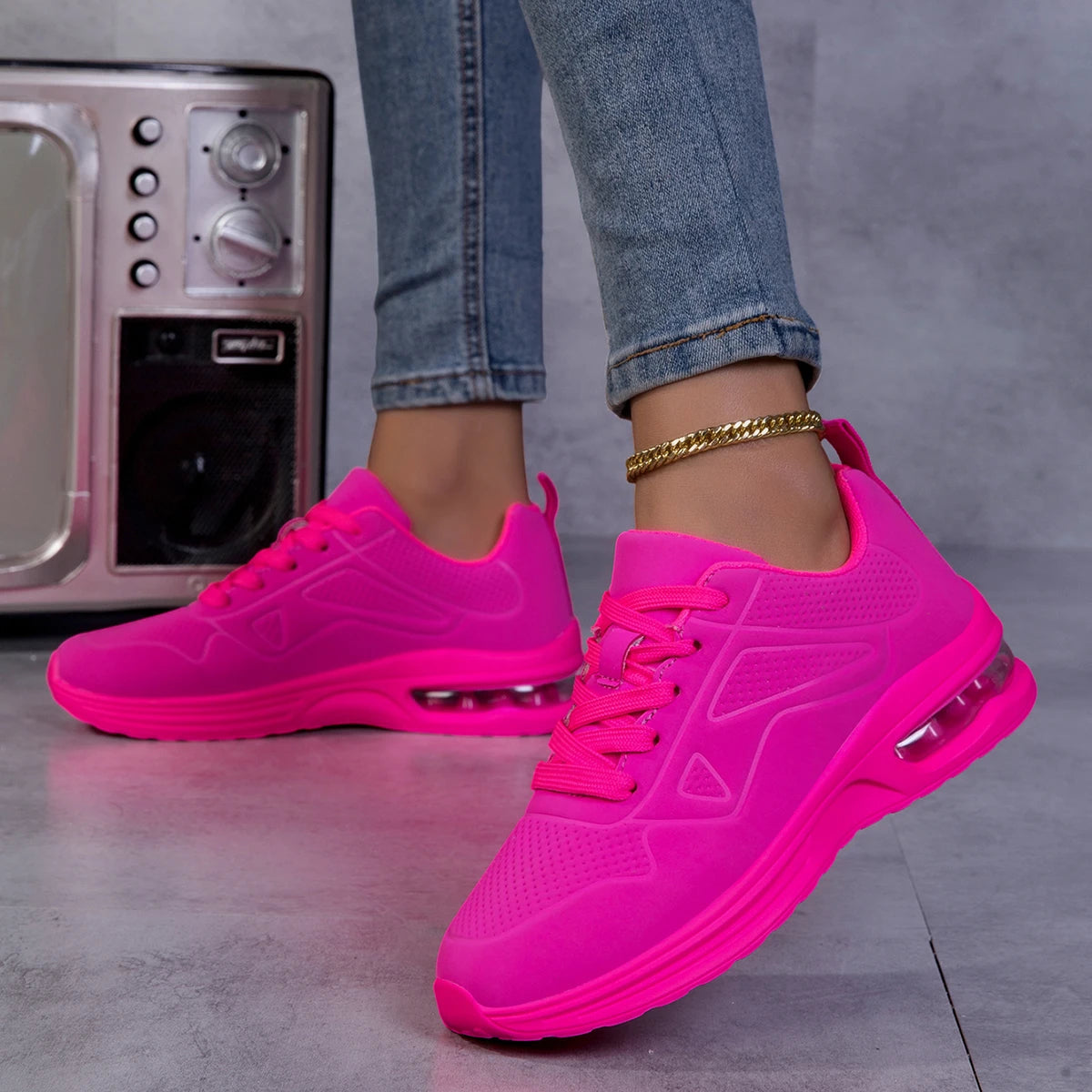 Women Solid Color Air Cushion Walking Sneakers Breathable/Soft Upper Shock Absorb Non Slip Lace Up Lightweight Sports Shoes Gym