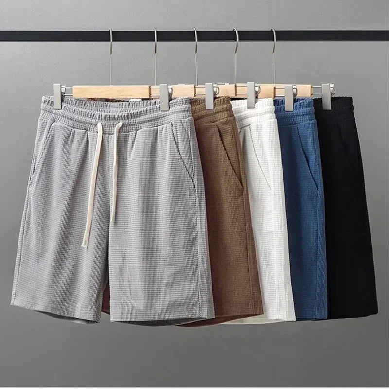 Men Shorts Solid Color Mid Waist Summer Motion Waffle Texture/Deep Crotch Drawstring Male Shorts Loose Knee Length Casual Short