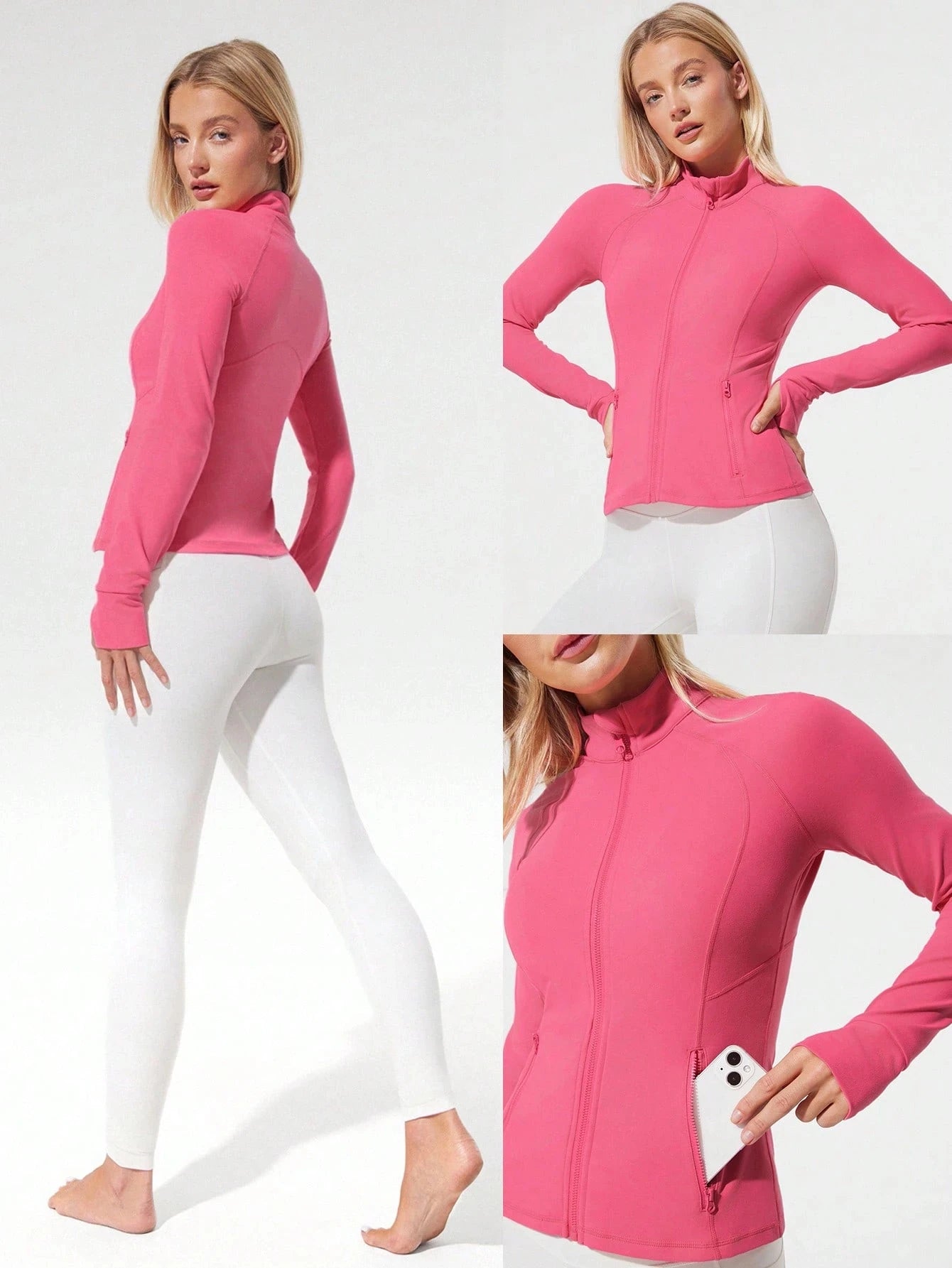 Women's slim-fit full-zip sports jacket elastic breathable sports jacket/with thumb holes long-sleeve slim sports jacket