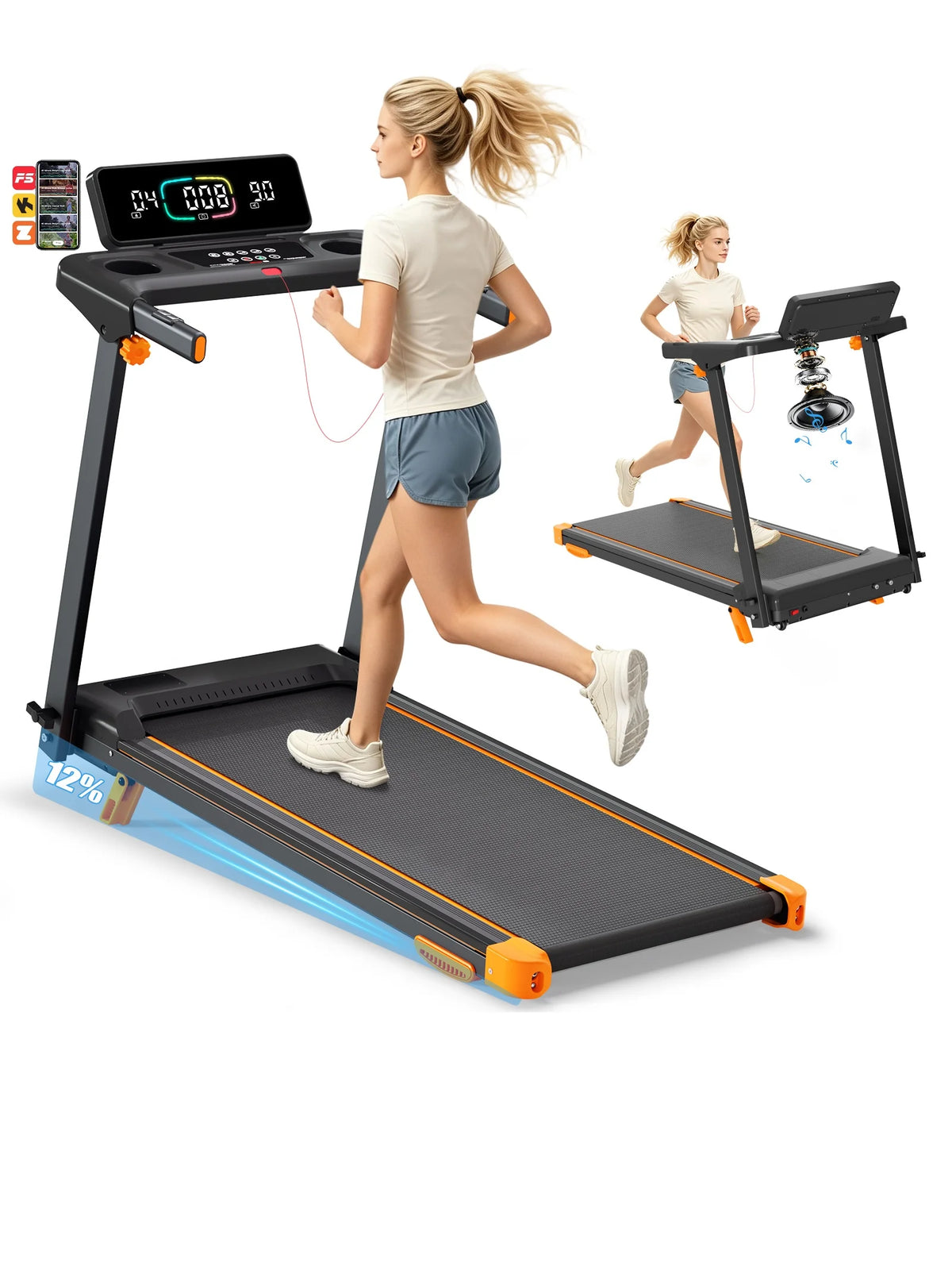 Folding Treadmill 12 Percent Incline 3.0HP Low Noise Motor Under 45Db/300LBS Weight Capacity 5 Layer Anti Slip Shock Absorbing