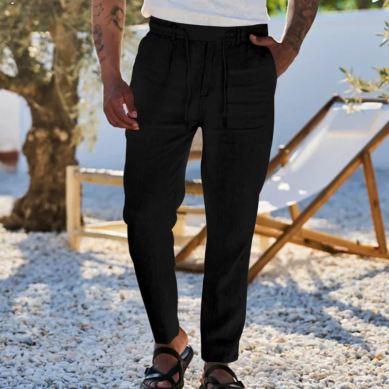 Men s Lightweight Linen Trousers with Adjustable Drawstring/Waistband and Straight Leg Design for Comfortable Summer Wear