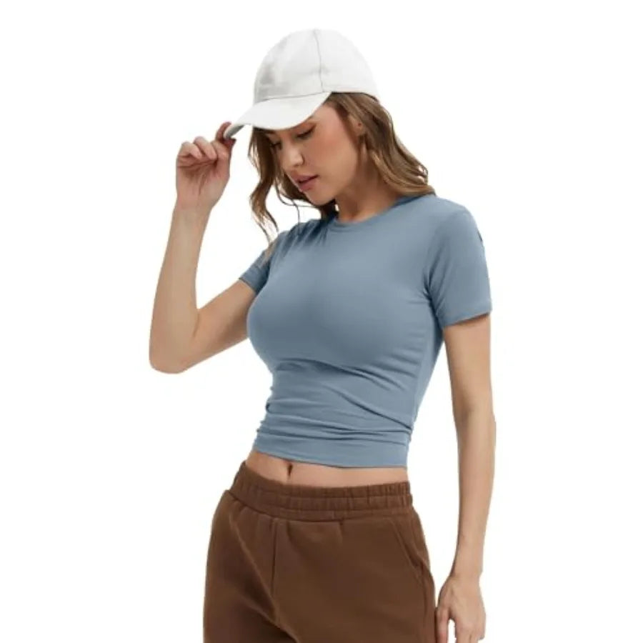 Dalavch 4 Pack Women's Workout Shirts Compression Short Sleeve/Crew Neck Running Yoga Gym Athletic Fitted Crop T-Shirts Top