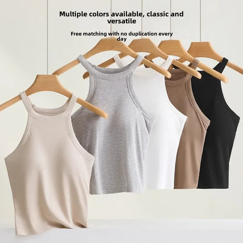 Threaded Halter Neck Camisole Top With Build-in Bra High Elastic/Slim-fitting Sling Fixed Cup Breathable Women Tank top