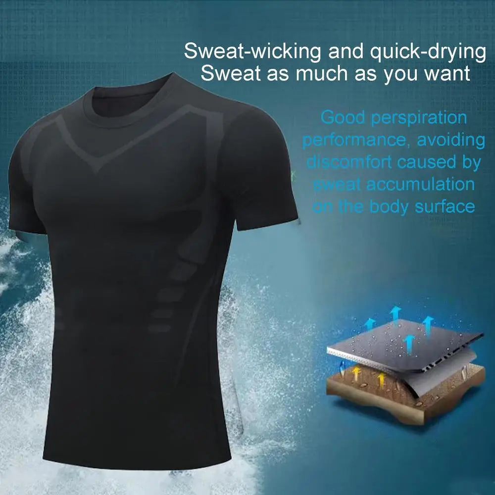 Tight Sleeve T Shirts Men Ionic Shaping Tight Workout Shirt/Quick Drying Compression Short Sleeve High Elastic T-Shirt