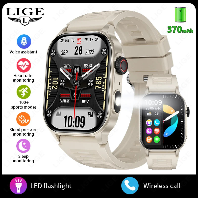 LIGE New Smart Watch LED Flashlight Military Sport Watches/2.01'' Screen Health Monitor Bluetooth Call Waterproof Smartwatch Men