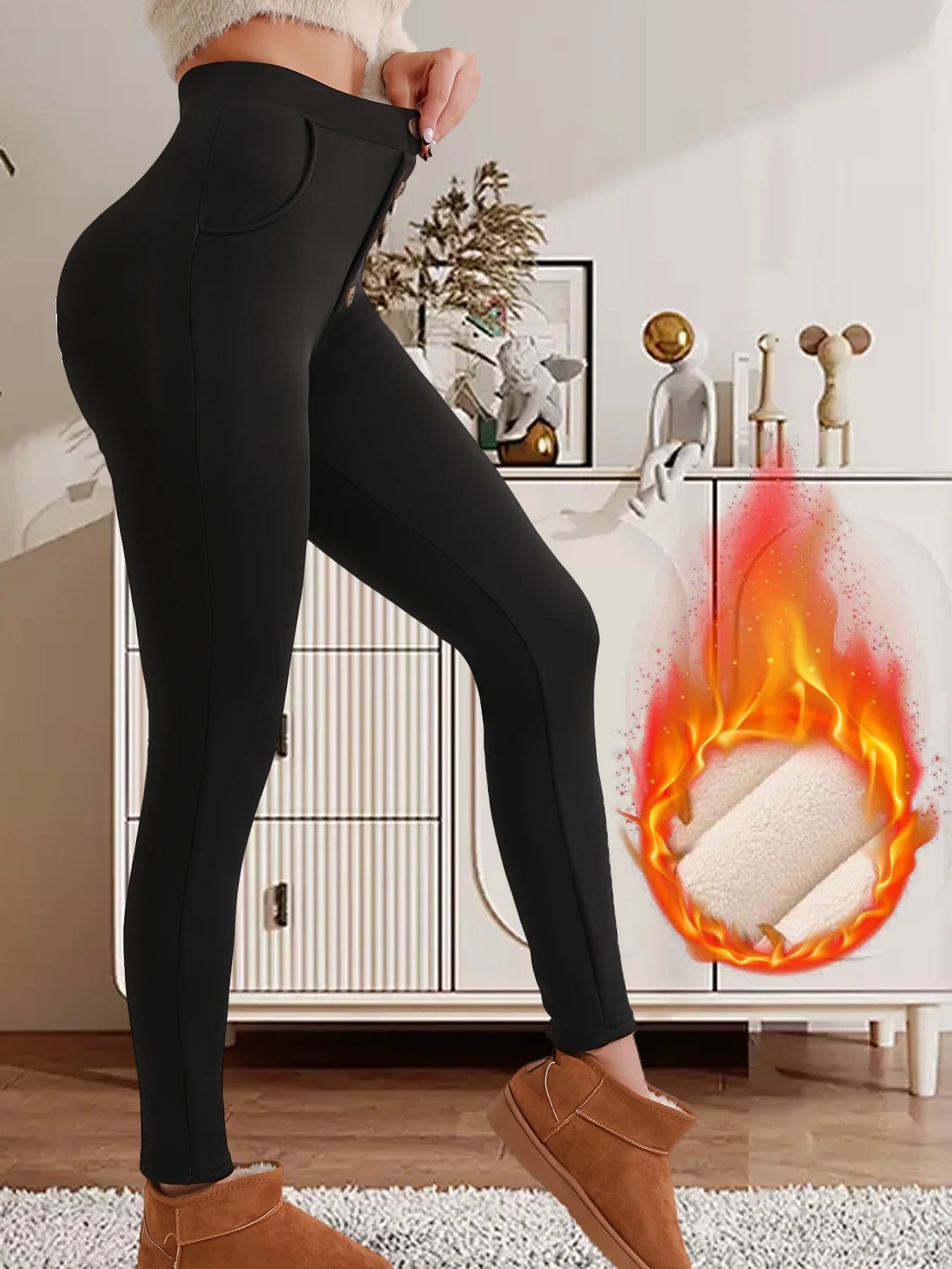 1 piece of warm high waisted buttoned leggings slim fit and slimming/casual pants with pocket design pants