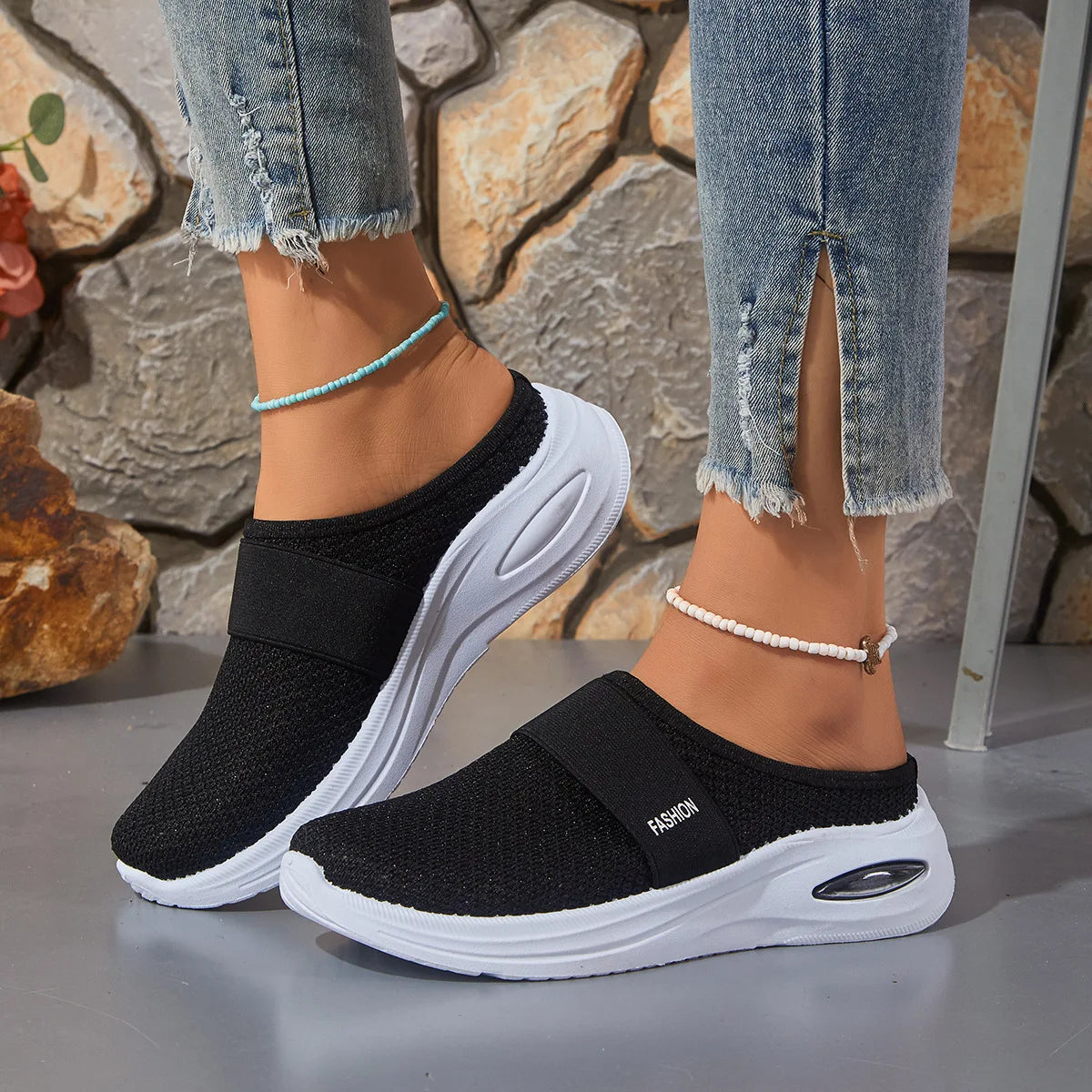 Women's Closed Toe Slip On Sneakers, Breathable Knit Mesh/Comfort Shoes Air Cushion Platform Walking Shoes for Daily Use