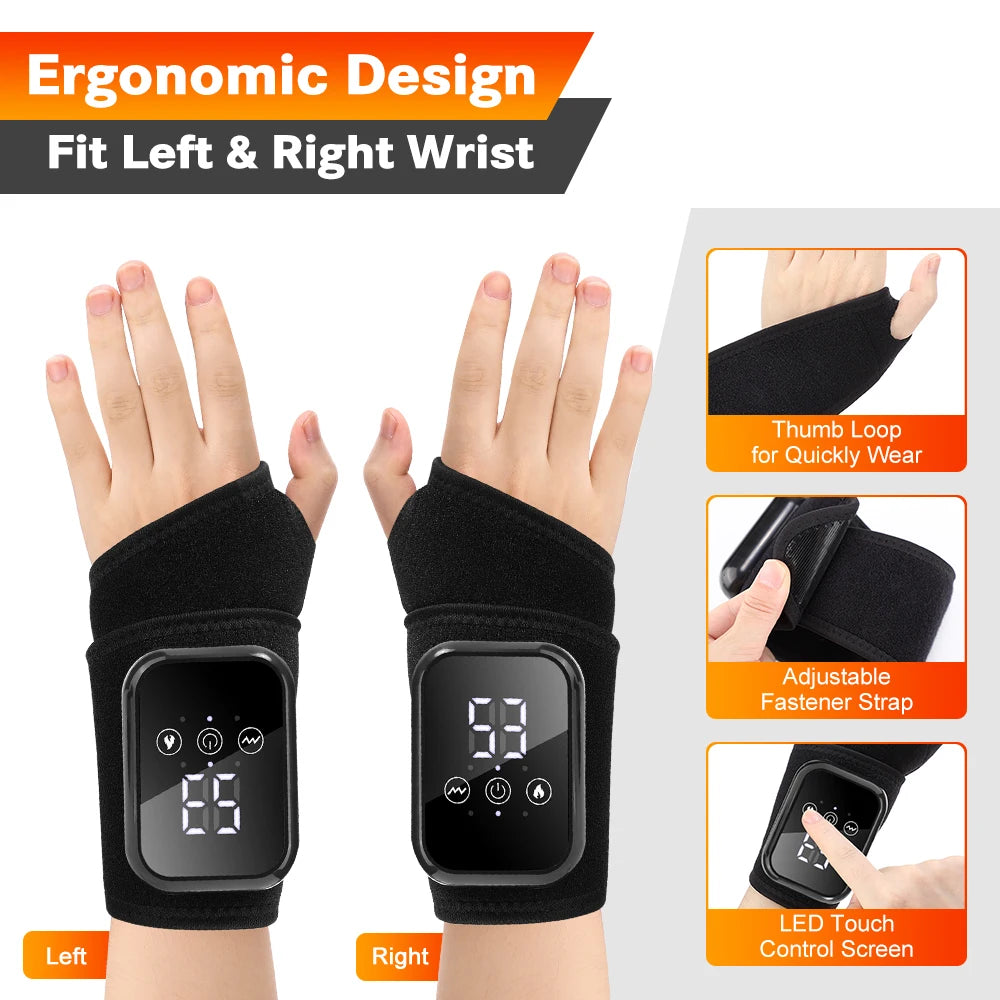Cordless Heated Hand Wrist Massager with Vibration 3 Heat Levels/3 Massage Modes Smart Touch Control, Electric Wrist Brace Wrap