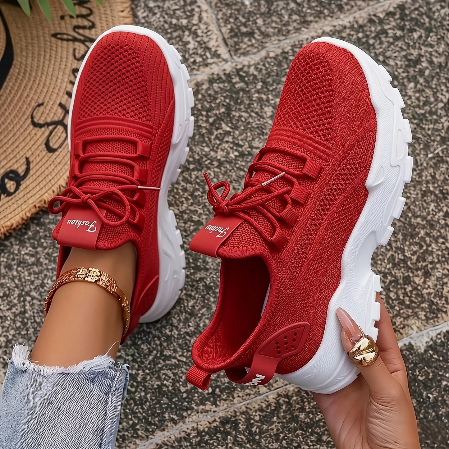 Women Chunky Platform Dad Sneakers, Knit Mesh Lace Up/Wavy Sole Casual Shoes Thick Bottom Non-slip Walking Trainers