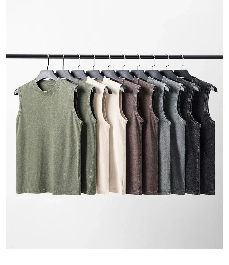 230g Pure Cotton European and American High Street Retro Washed/Distressed Sleeveless Vest Men's Casual Loose Shoulder T-shirt