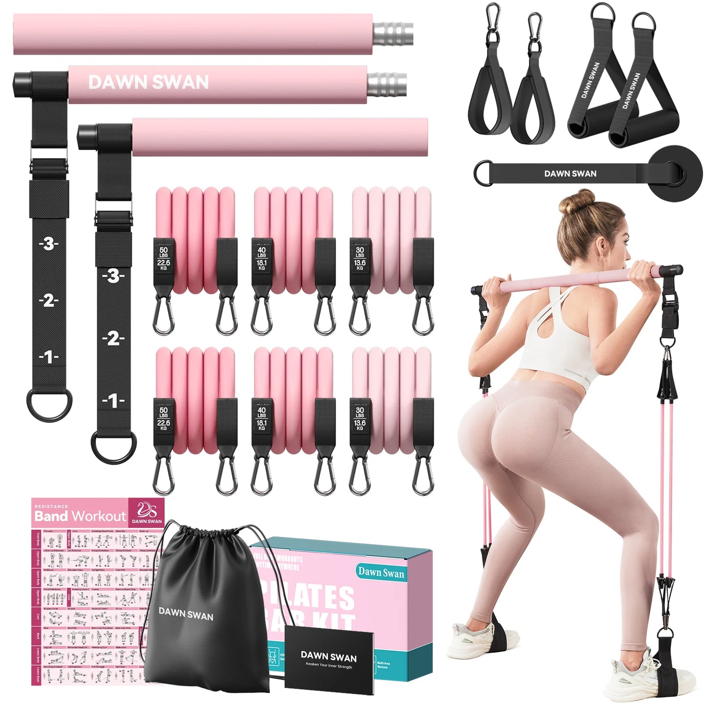 Pilates Bar Kit with Resistance Bands Adjustable Home Gym Workout/Portable Pilates Equipment for Squats Yoga Full Body Training