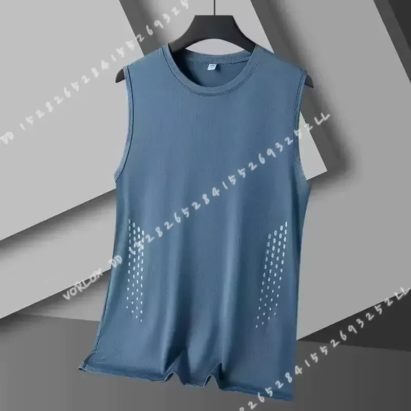Men Summer Mesh Sleeveless Vest Ice Silk Printed Round Neck/Loose Running Fitness Tank Top Breathable Athletic