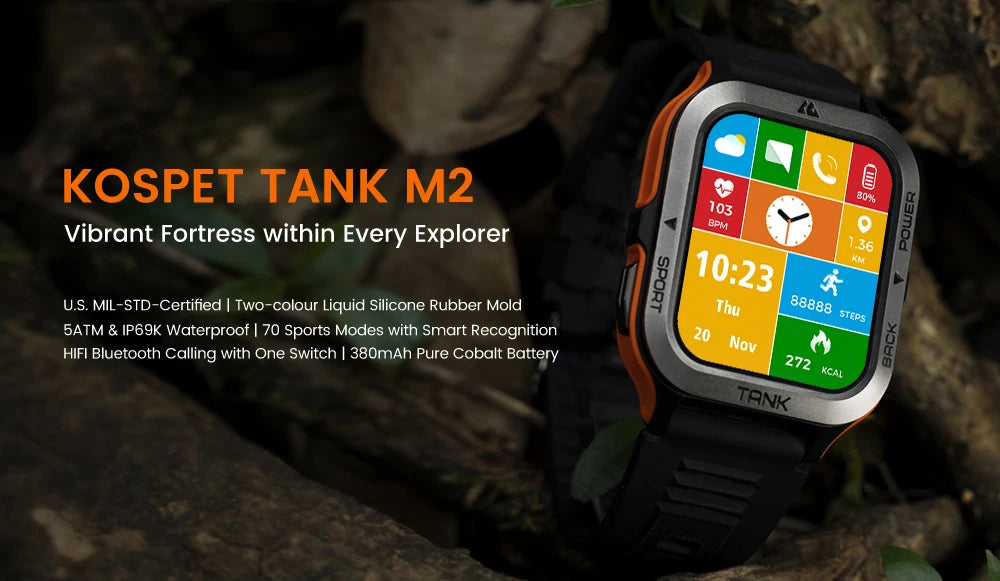 Original KOSPET TANK M2 Smart Watch For Men Military Smartwatch/Men's Fitness 380mAh 70 Sport Mode Waterproof Watches