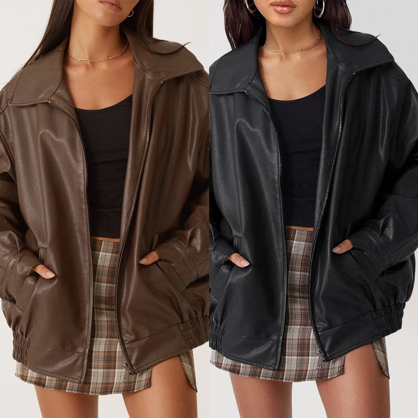 Women Oversized Jackets Casual Faux Leather Jacket/Fashion Moto Biker Coat Lapel Zipper Jacket