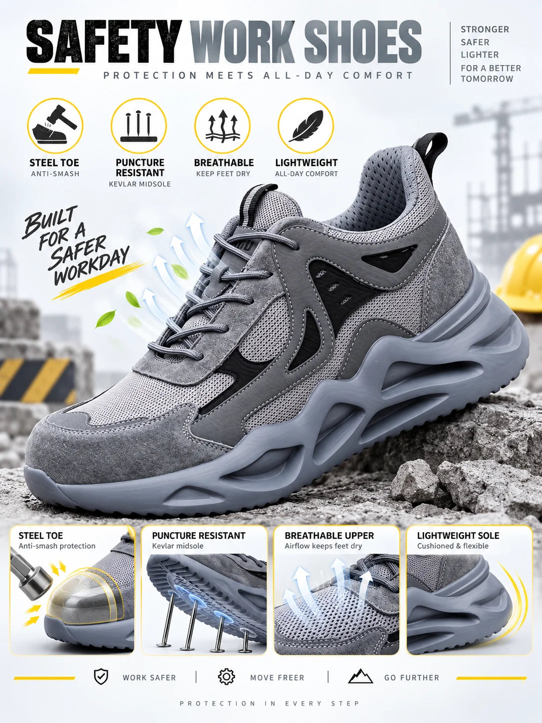 Puncture-Resistant Impact-Resistant Work Shoes Men's Steel Toe/Safety Work Boots Breathable Slip-Resistant Oil-Resistant