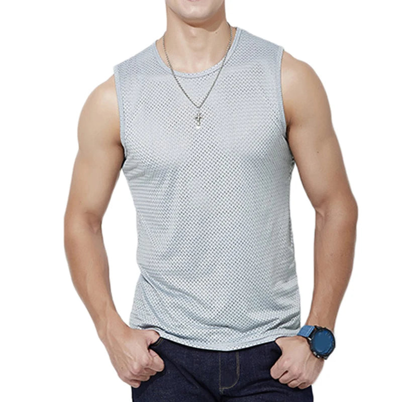 Men's Ice Silk Mesh Tank Tops Gym Stringer Transparent Bodybuilding/Sleeveless Shirt Fitness Vest Male mesh Muscle Shirt