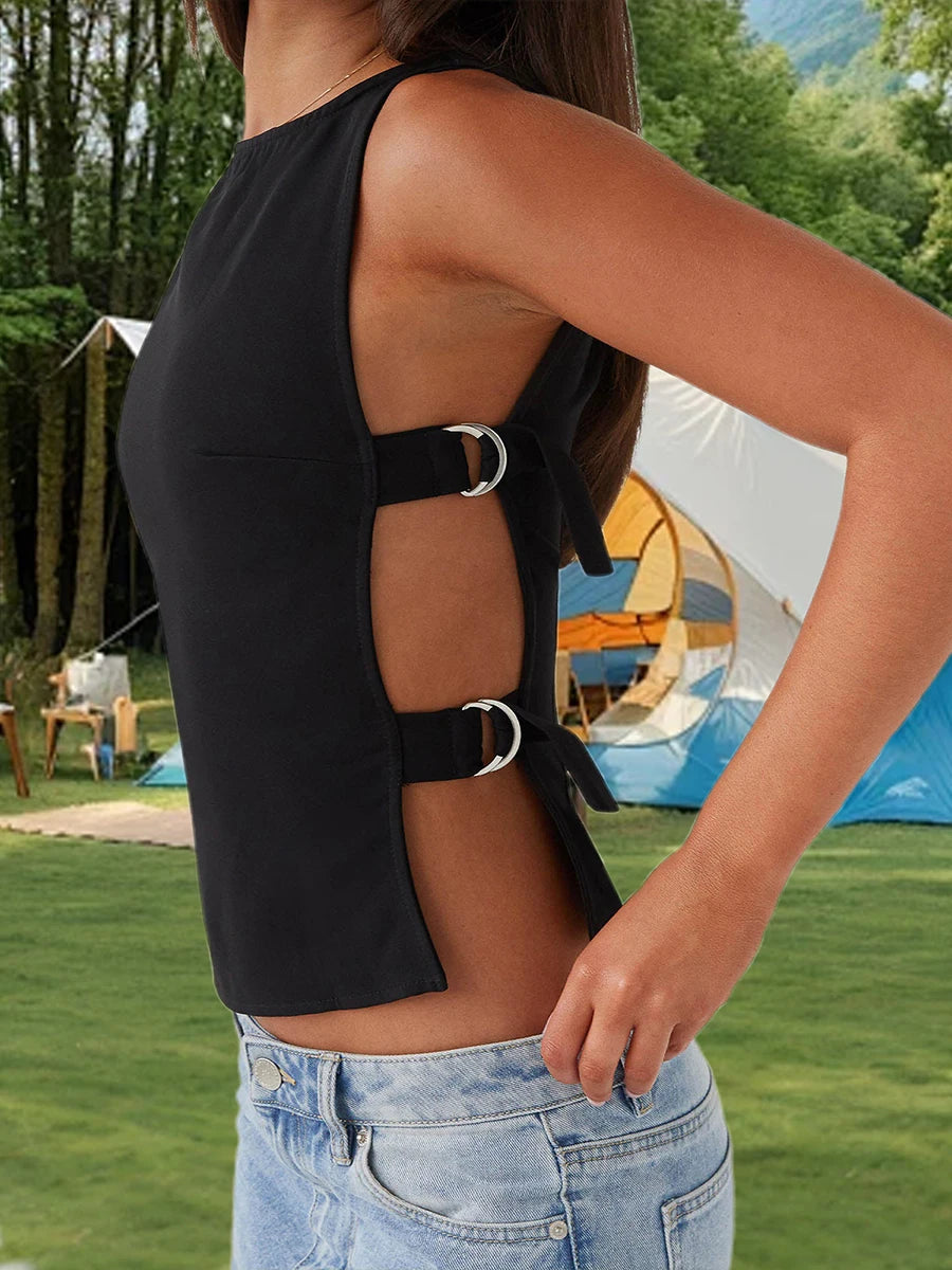 Women s Sleeveless Boat Neck Tank Tops/with Side Buckle Detail Solid Color Fit Vest for Summer Style