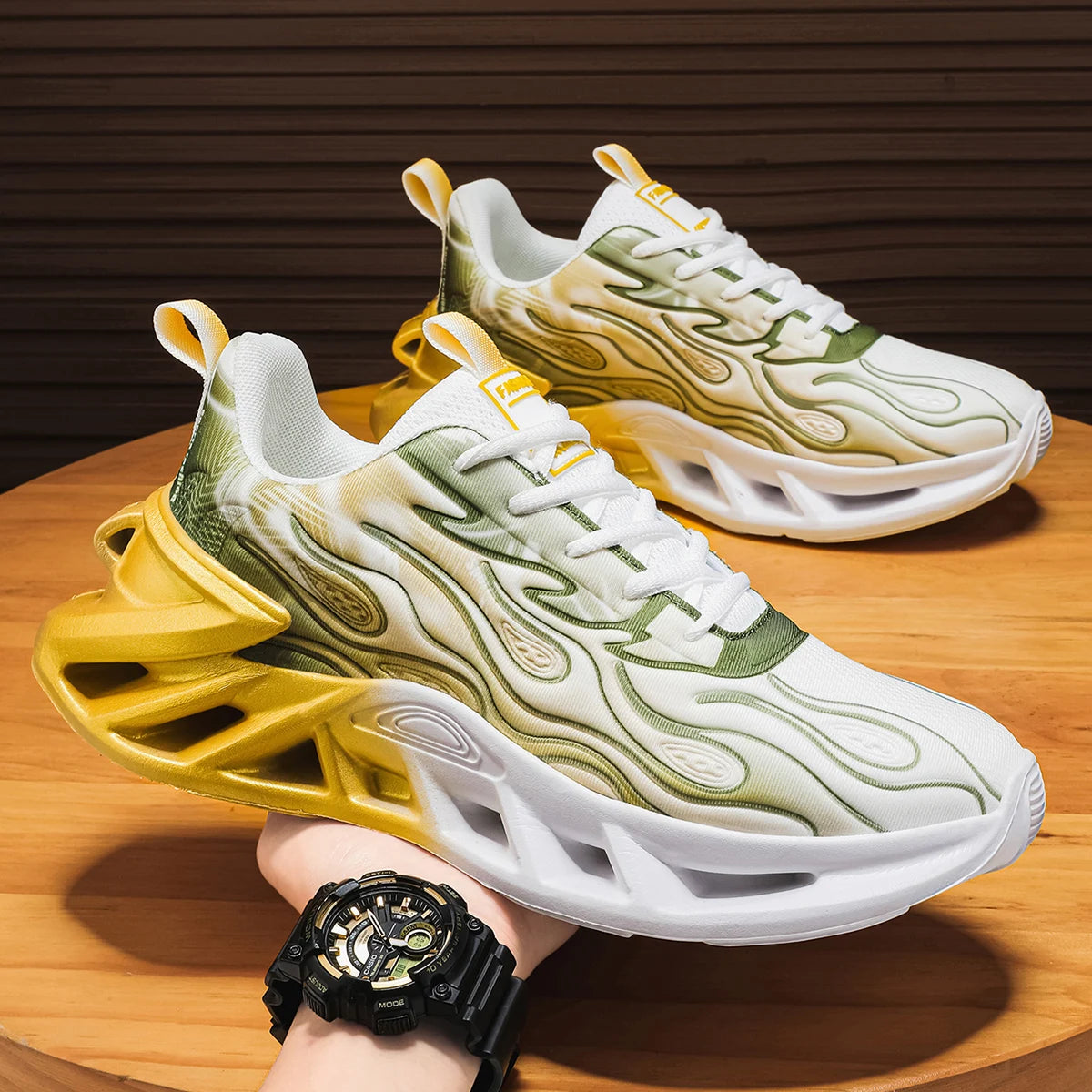 Women Flame Print Blade Chunky Sneakers Gradient Hollow Thick Sole/Breathable Mesh Lightweight Shock Absorb Lace Up Running Shoes