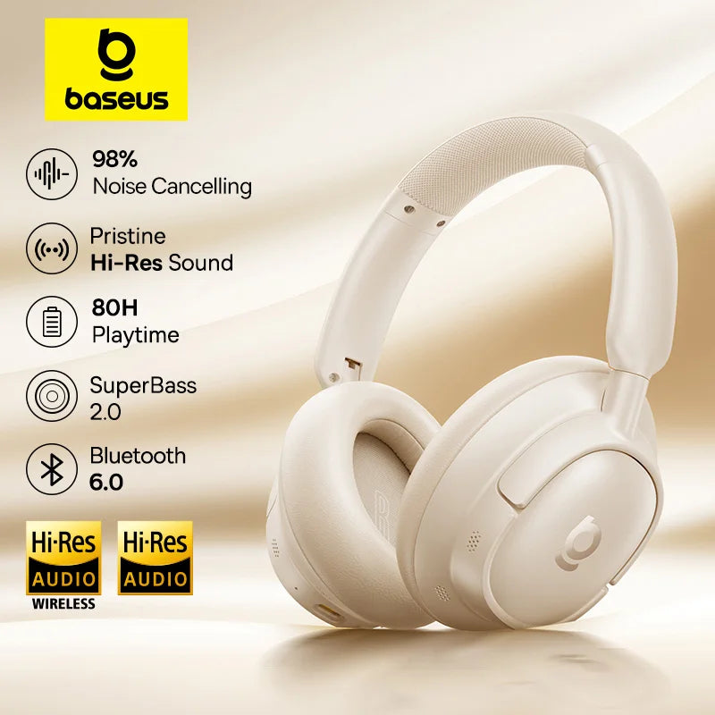 Baseus Bass Wireless Headphones Bluetooth 6.0 98% Noise Canceling/Over Ear Headset Spatial Audio Earphone 80H Time