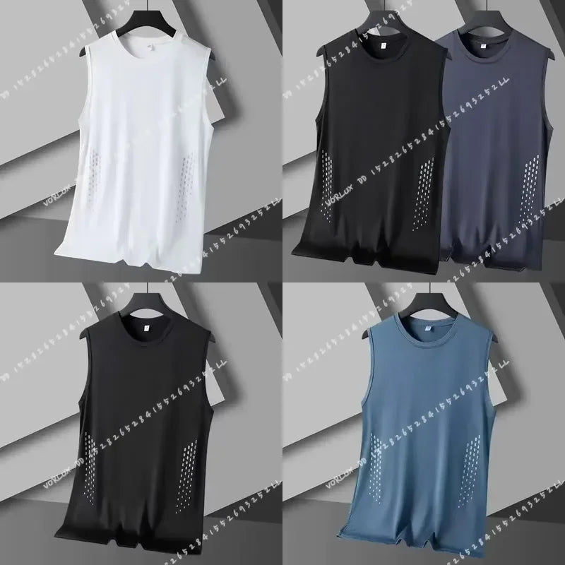 Men Summer Mesh Sleeveless Vest Ice Silk Printed Round Neck/Loose Running Fitness Tank Top Breathable Athletic