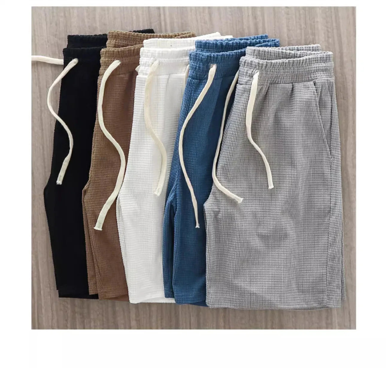 Men Shorts Solid Color Mid Waist Summer Motion Waffle Texture/Deep Crotch Drawstring Male Shorts Loose Knee Length Casual Short