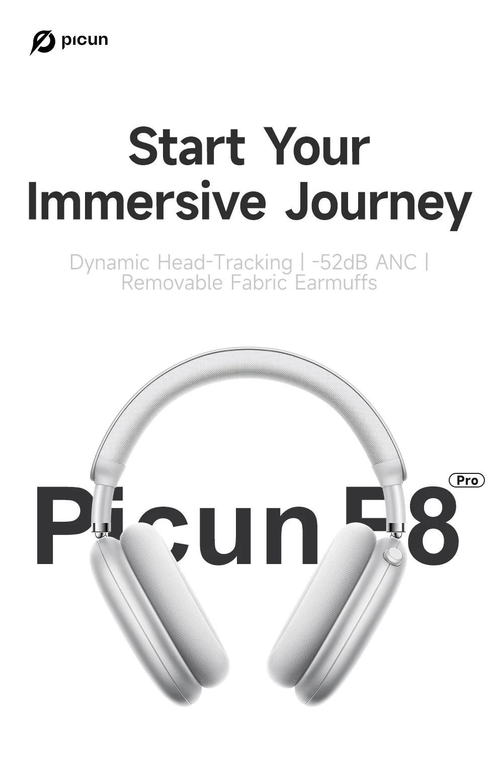 Picun F8 Pro ANC Wireless Headphones 3D Spatial Audio Head Tracking/52dB ANC HIFI Bluetooth Headset ENC HD Mic Low-Latency APP