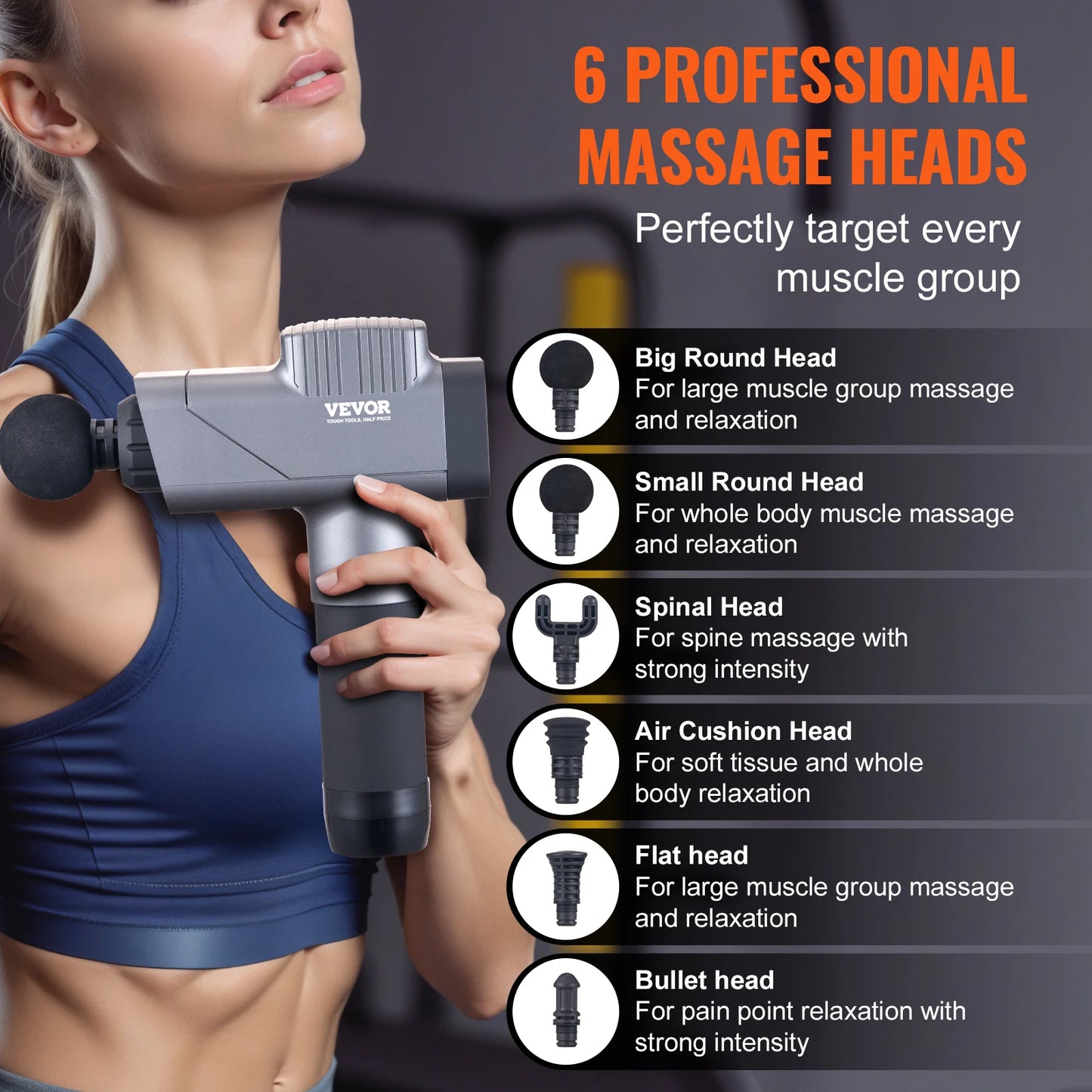 SucceBuy Massage Gun Deep Tissue Percussion Muscle Massager for Athletes/w/ 8 Speed Levels 6 Massage Heads 16V 2500mAh Batteries