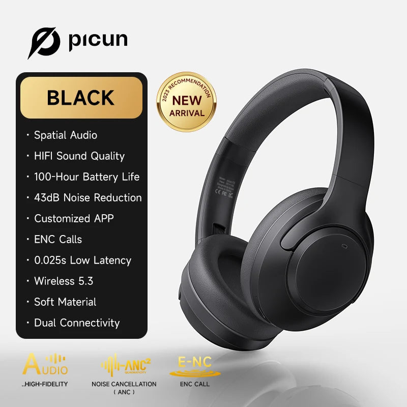 Picun F2 ANC Bluetooth Headphones Noise Canceling HD Mic/ENC Calls 25ms Low Latency Wireless Headset HIFI Sound