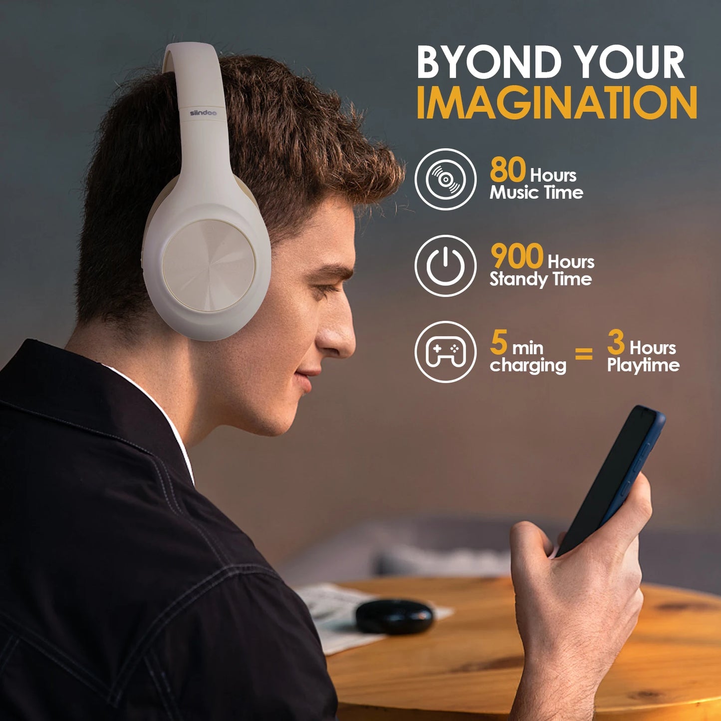 Siindoo JH-923 Wireless Headphones Over Ear/Foldable Bluetooth Headsets,3EQ Sound Modes, Hi-Res Audio