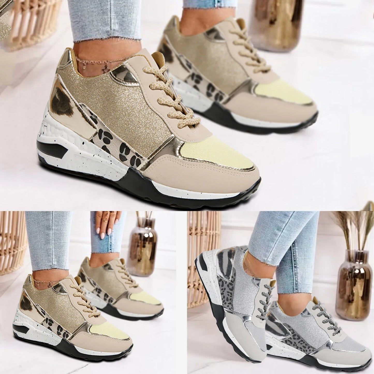 Platform Shoes For Women Fashionable Glitter Round Head Lace Up/Height Increasing Vulcanized Shoes High Quality Sneakers