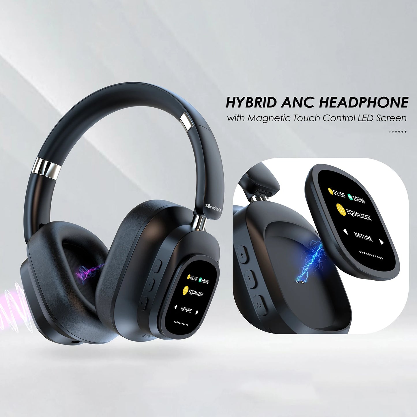 Siindoo JH-ANC930Plus Hybrid Wireless Headphone Active Noise Cancelling Headphones/With Multi Magnetic Touch Control LED Screen