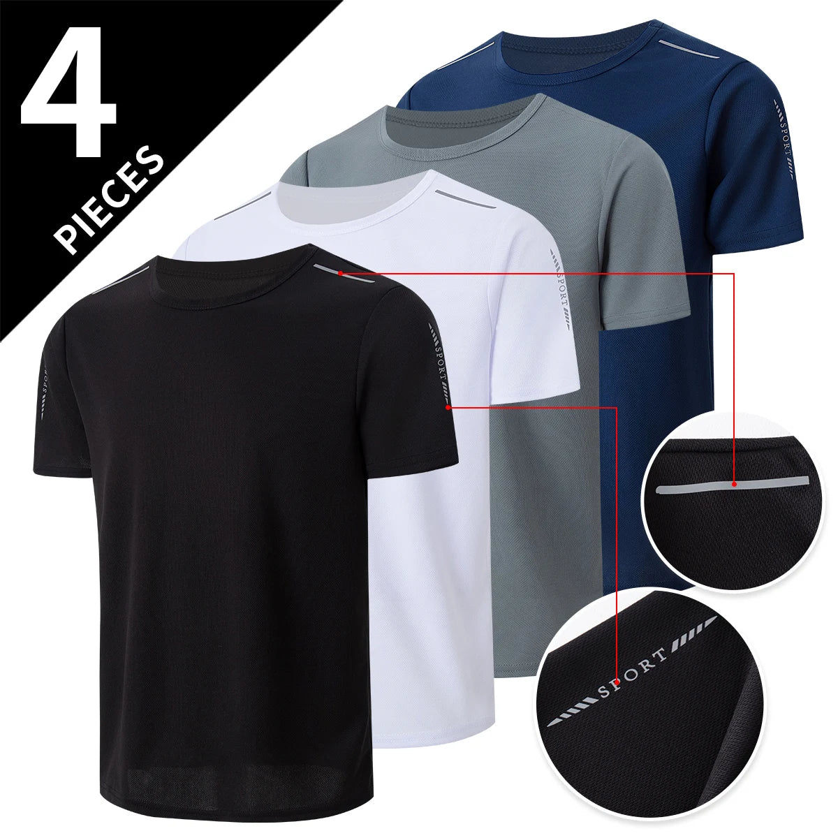 4/1 Pcs Men's Summer Multicolor Quick-drying Sports Short Sleeve/Loose Breathable Fitness Running Badminton T Reflective Strip