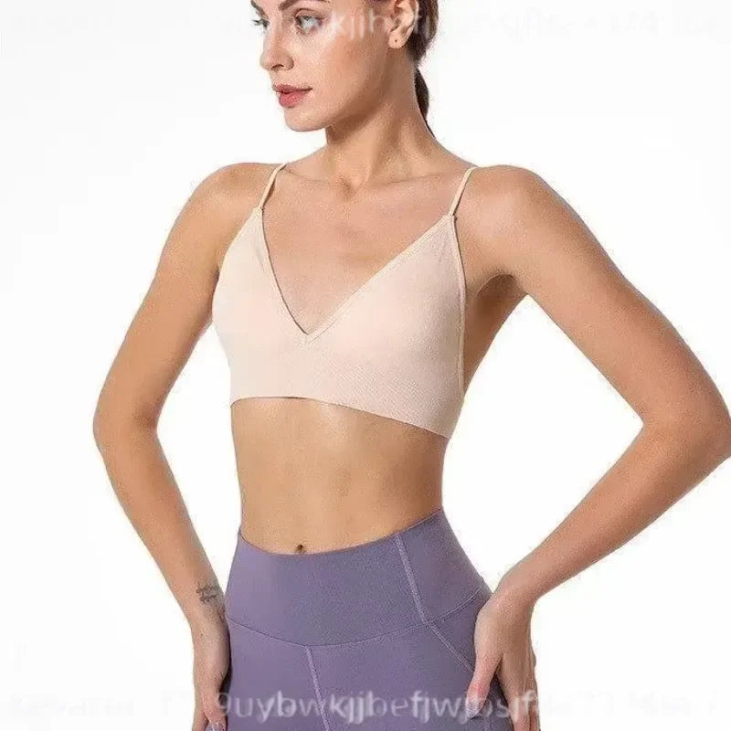 Women V Neck Seamless Triangle Cup Bra Camisole Breathable Gather Up/Chest Wrapped Underwear for Sports Fitness Yoga Casual