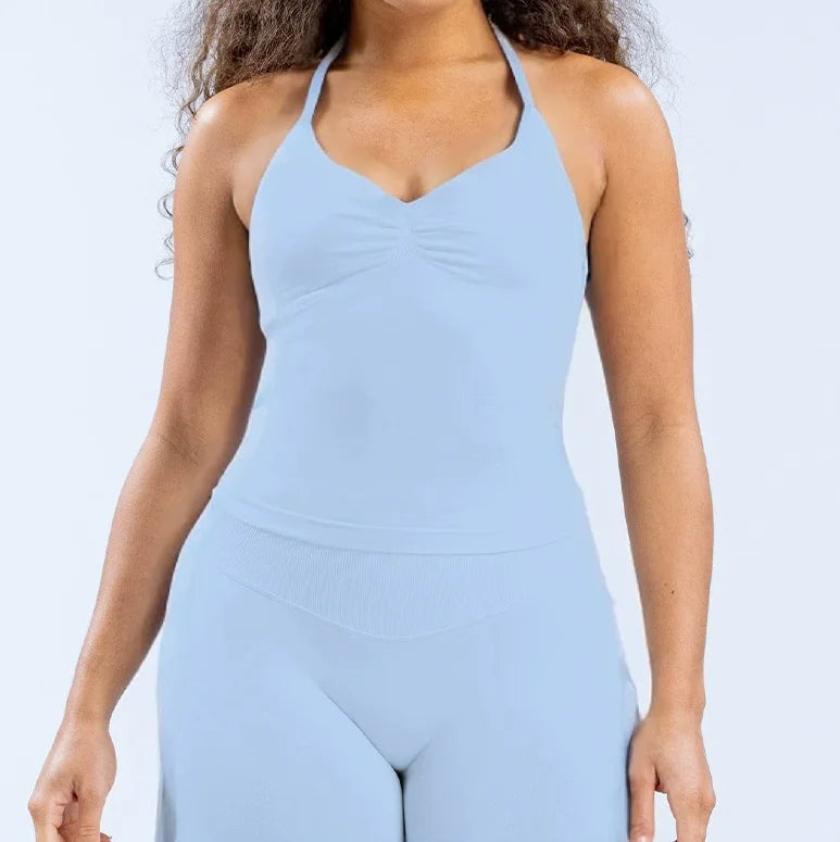 Gym Beautiful Open Back Bra Running Workout Halter Impact/Longline Strappy Top Sports Yoga Vest Women's Fitness Tank Top