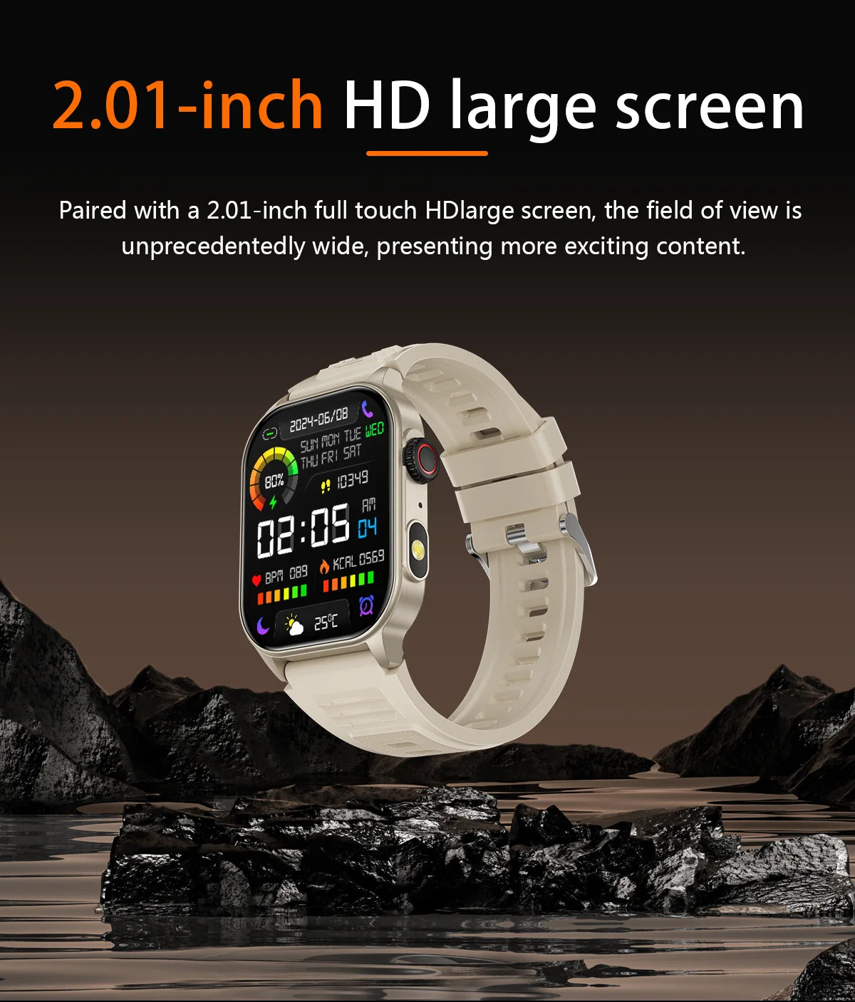 LIGE New Smart Watch LED Flashlight Military Sport Watches/2.01'' Screen Health Monitor Bluetooth Call Waterproof Smartwatch Men