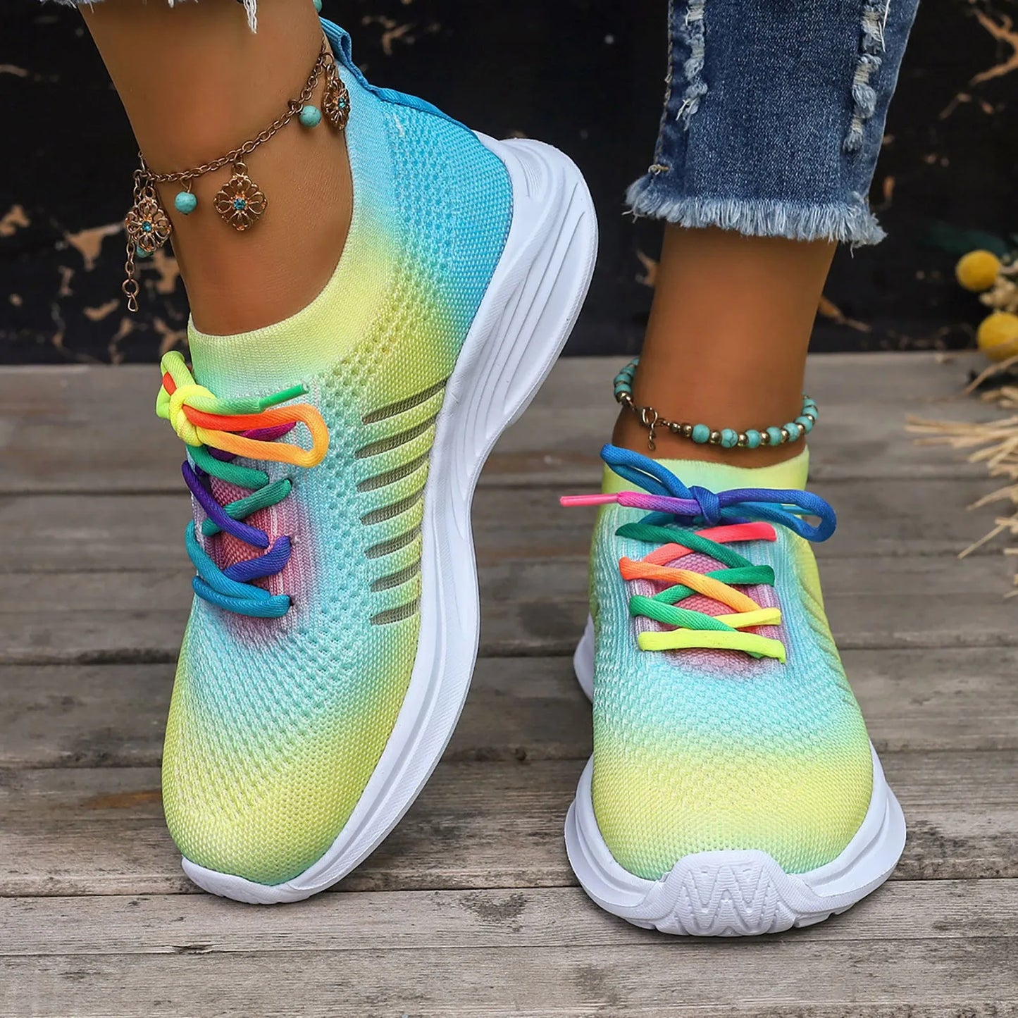 Casual Knitting Socks Shoes Ladies Bright Color Mesh/Sports Front Lace Up New Lightweight Running Sneaker For Women