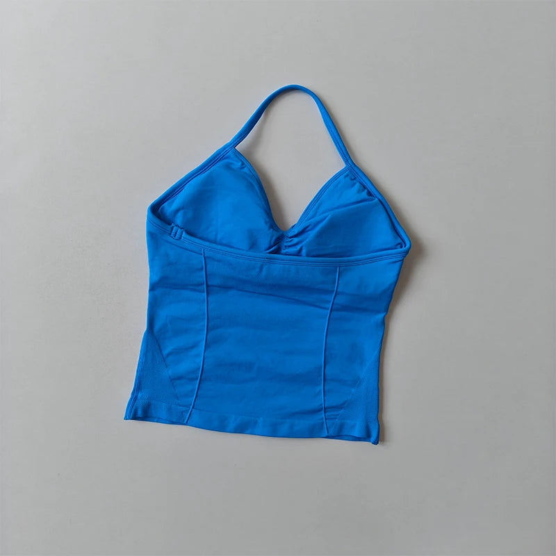 Longline Strappy Seamless Yoga Tank Top Backless/Gym Vest with Built-in Bra Sleeveless Workout Top